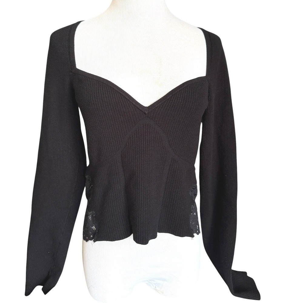 Express Body Contour Black Ribbed Sweetheart Babydoll Lace Inset Top L Whimsigot